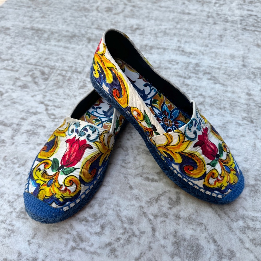 Dolce & Gabbana Majolica Print Espadrilles Blue Jute Flats Size 36 US Size 6